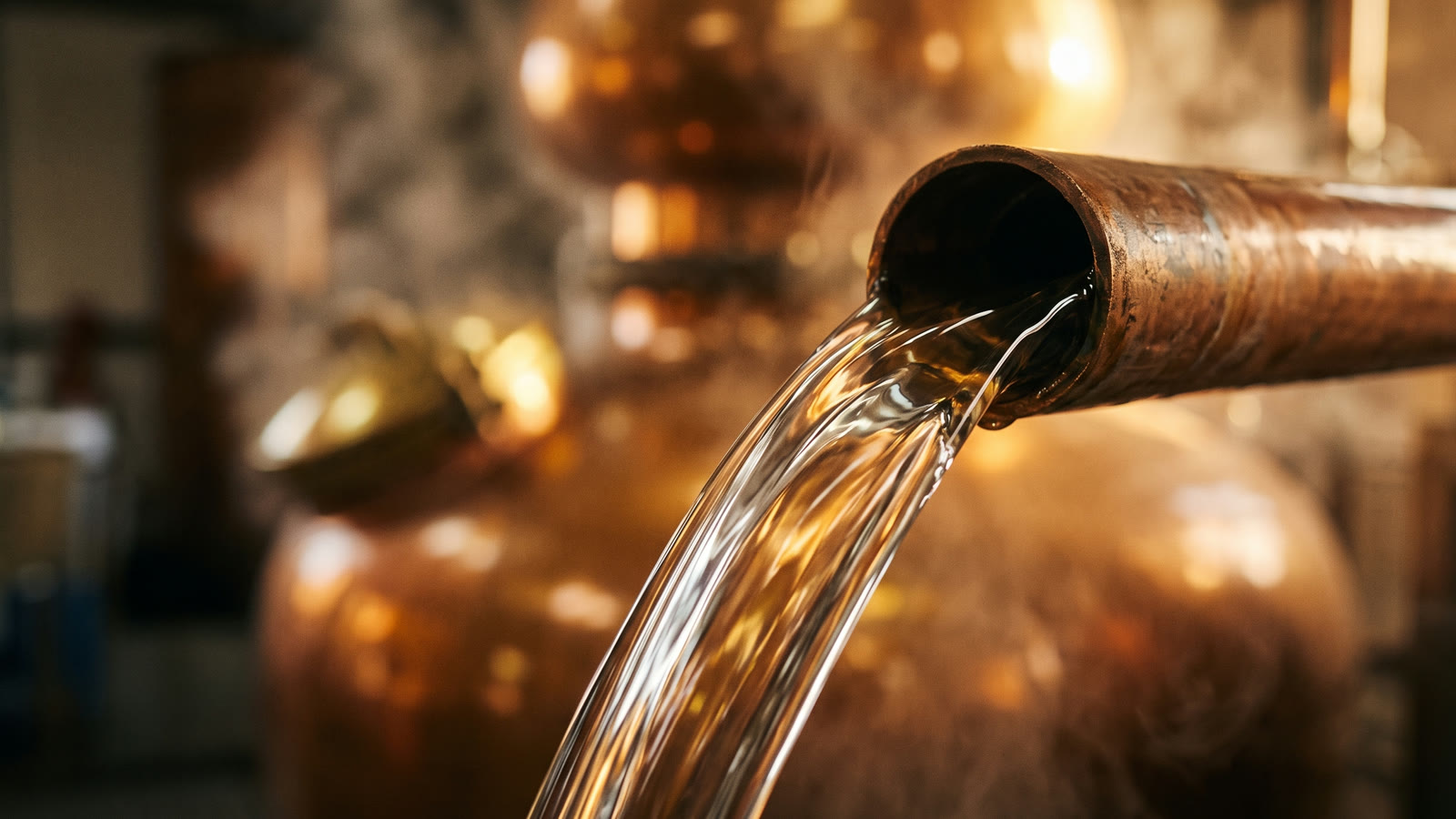 Clear new-make spirit running from a copper pot still